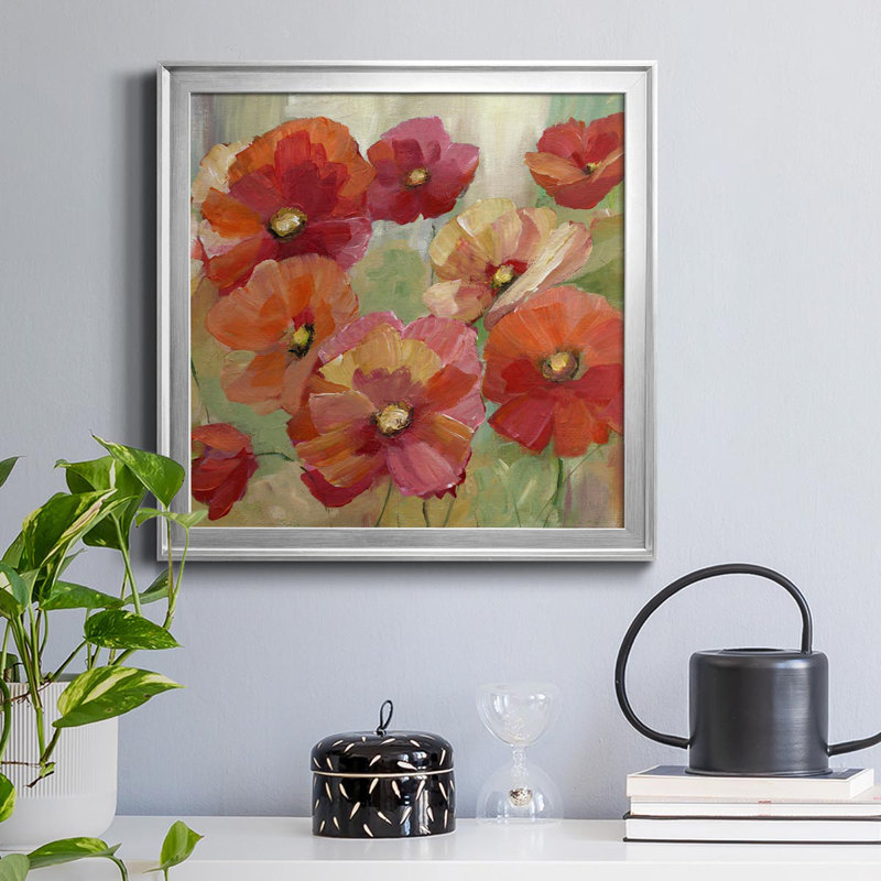 Poppy Party - Peinture sur toile encadrée, H 17,5 po x l 17,5 po x P 1,5 po, Cadre argenté