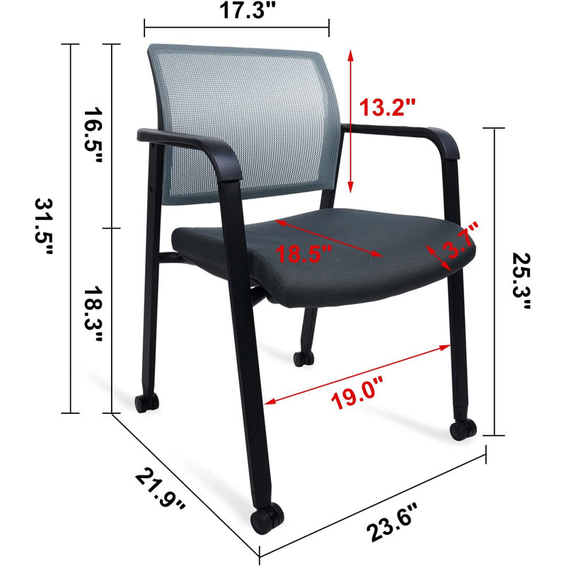  Mesh Back Stacking Chair with Upholstered Fabric and Lumber Support (With Wheels 2 Pack), Grey