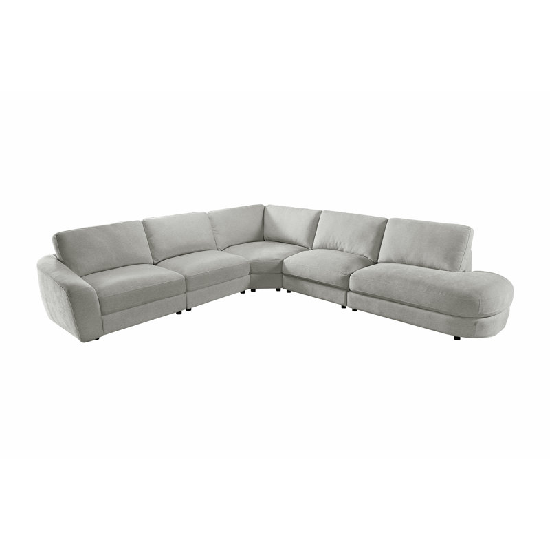 Canapé modulaire de coin 5 pièces avec accoudoir gauche et siège profond courbé à droite, Polyester gris clair