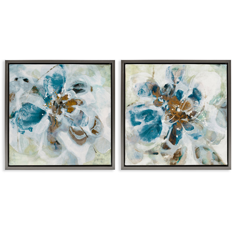 Ensemble de 2 toiles flottantes bleu sarcelle avec pétales de fleurs abstraites par Liz Jardine, Cadre flottant gris lustré