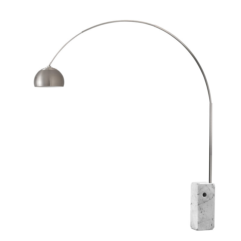 Lampe à arc moderne Mid-Century 95 po Iconic, abat-jour et corps en acier nickel satiné, base en marbre blanc, à intensité variable avec gradateur à glissière au pied, compatible avec les maisons intelligentes