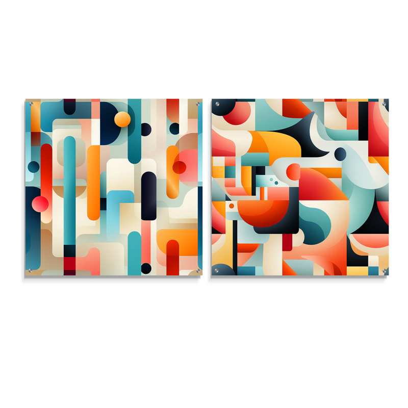 Dahlilah - Ensemble de 2 peintures murales abstraites géométriques en acrylique, H 16 po x l 33 po