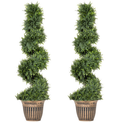 HOMCOM Set of 2 Potted Artificial Plants, Topiary Spiral Cypressd Trees