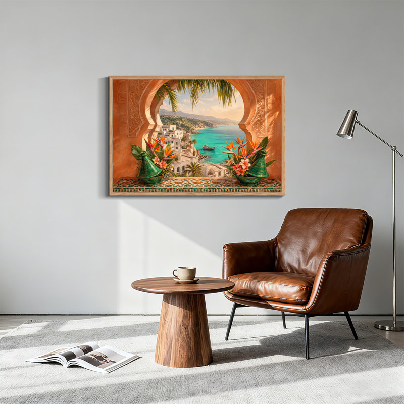 Tableau sur toile représentant une arche en terre cuite encadrant un village blanc et une mer turquoise, 24"H x36"W