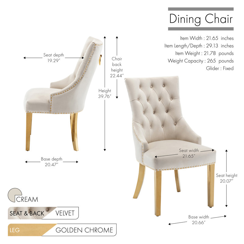 Chaise en velours capitonnée Dillmon avec pieds chromés dorés, Velours crème