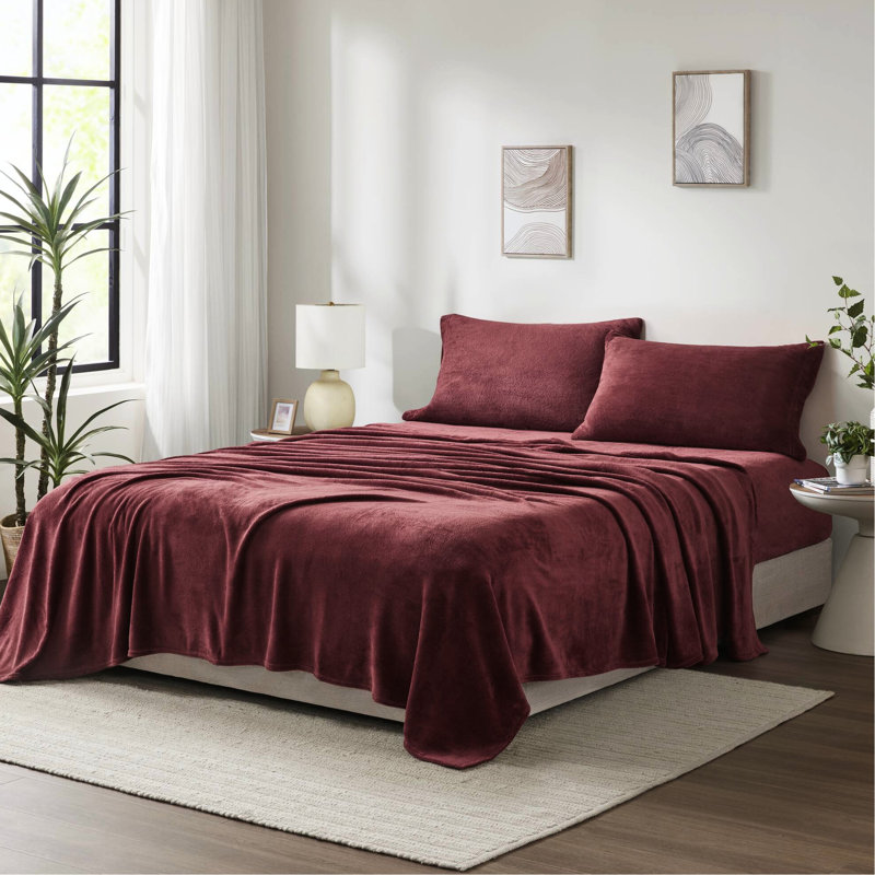 4 grandes draps bourgogne 100% ultra doux et douillet brossé des deux côtés Draps-housse plats 2 taies d'oreiller lavables à la machine