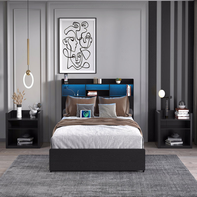 Cadre de lit grand avec 4 tiroirs avec fonction de rangement et grand lit avec tête de lit et tablette avec fonction de rangement Lit avec fonction de rangement avec DEL et avec station de charge