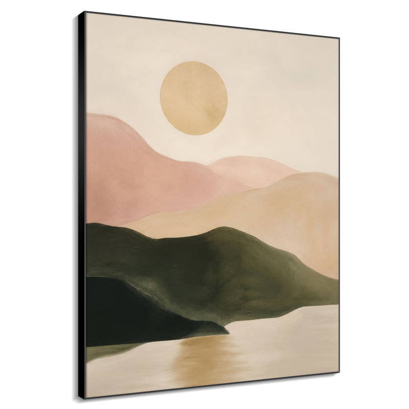 Très grande reproduction d'art sur toile - Paysage abstrait serein avec des collines de rosé et un soleil doré pour le salon ou la chambre à coucher - «Assemblage requis du cadre (cadre non fini)»