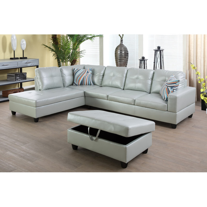 Brevard Faux Leather L-Shaped Sectional, Left Hand Facing, Shiny Silver Green