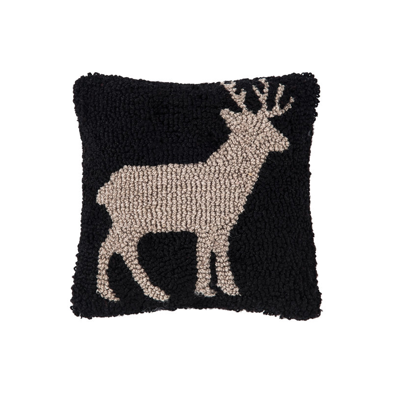 Black and Beige Deer Hooked Square Throw Pillow