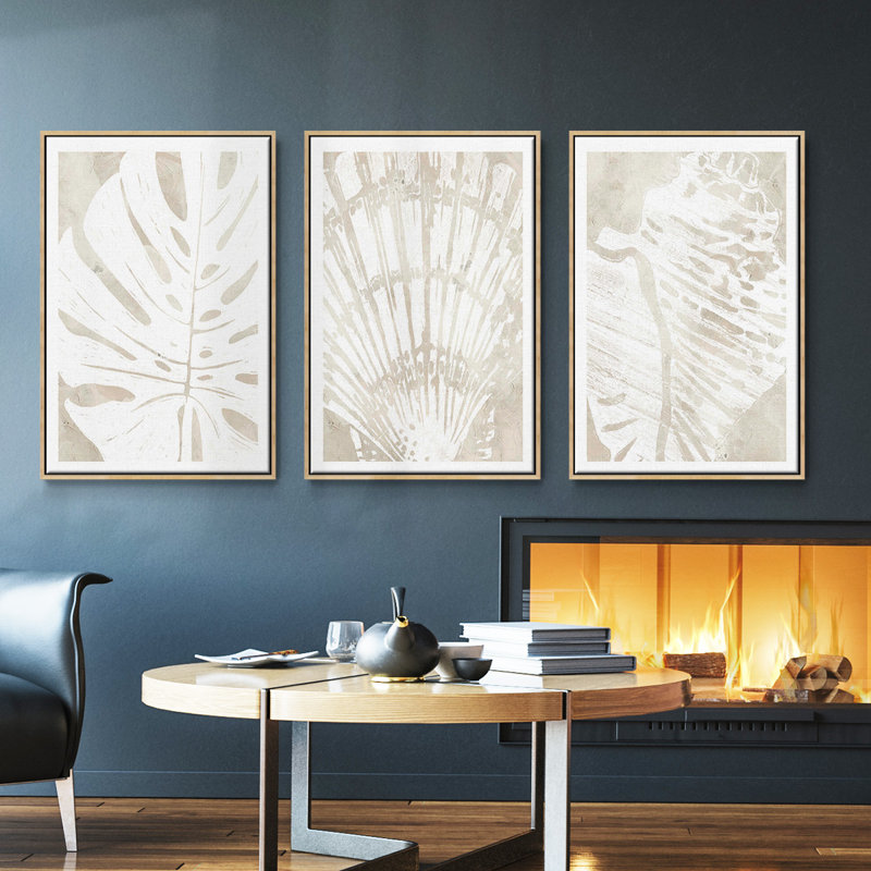 Ensemble de 3 pièces encadrées sur toile Linen Tropical Silhouette I, Cadre en bois naturel, H 36 po x l 72 po x P 2 po