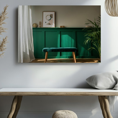 Toile, une scène intérieure confortable avec un art mural orné d'un mur vert foncé avec une œuvre d'art minimaliste encadrée mettant en vedette un art mural sur toile géométrique doux
