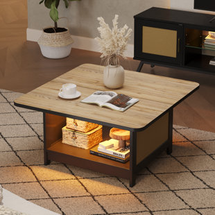 Alwies 35'' Square LED Lights Coffee Table with Storage &  Rattan Design End Table For Living Room