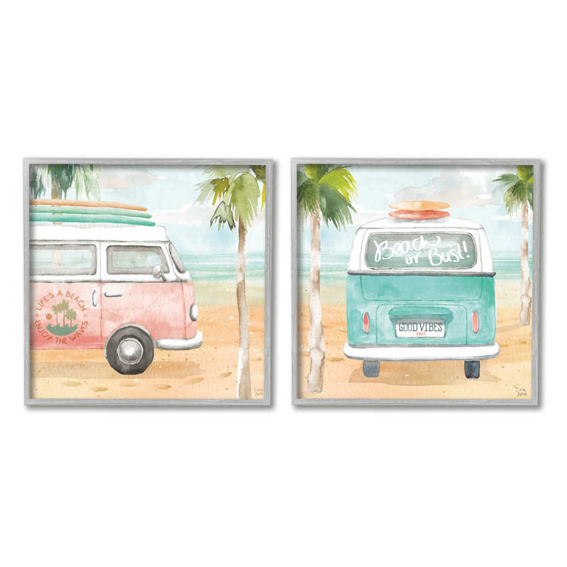 «Tropical Beach Holiday Van» par Dina June, ensemble de 2 peintures sur bois, H 17 po x l 34 po x P 1,5 po