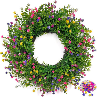 All Season Boxwood Greenery Wreath For Front Door, Diy Floral Wreath With Multi Colour Flower Accents For Farmhouse Porch And Wall Decor