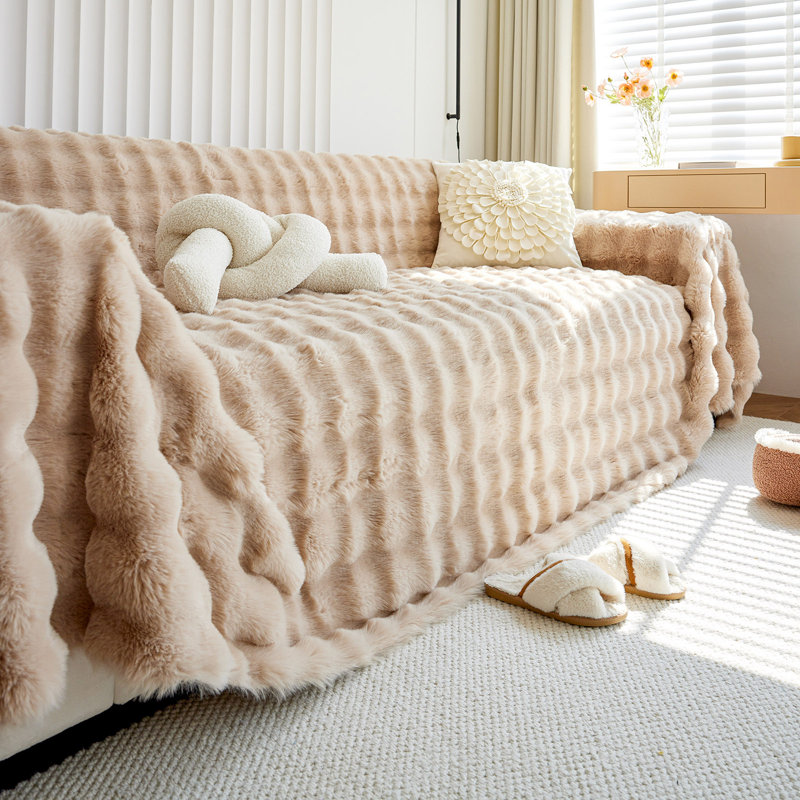 1-Piece Faux Fur Box Cushion Slipcover, 71" H x 134" W, Light Tan