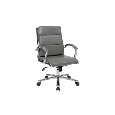 Liberty Mid-Back Mid-Century Modern Fully Upholstered Office Chair with Pillow Back, Arms, and Chrome Frame, Grey