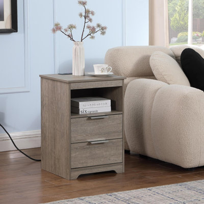 Nightstand With Charging Station,End Table With 2 Drawers,Wooden End Table With Drawer And Opening Shelf,Side Table For Bedroom, Gra