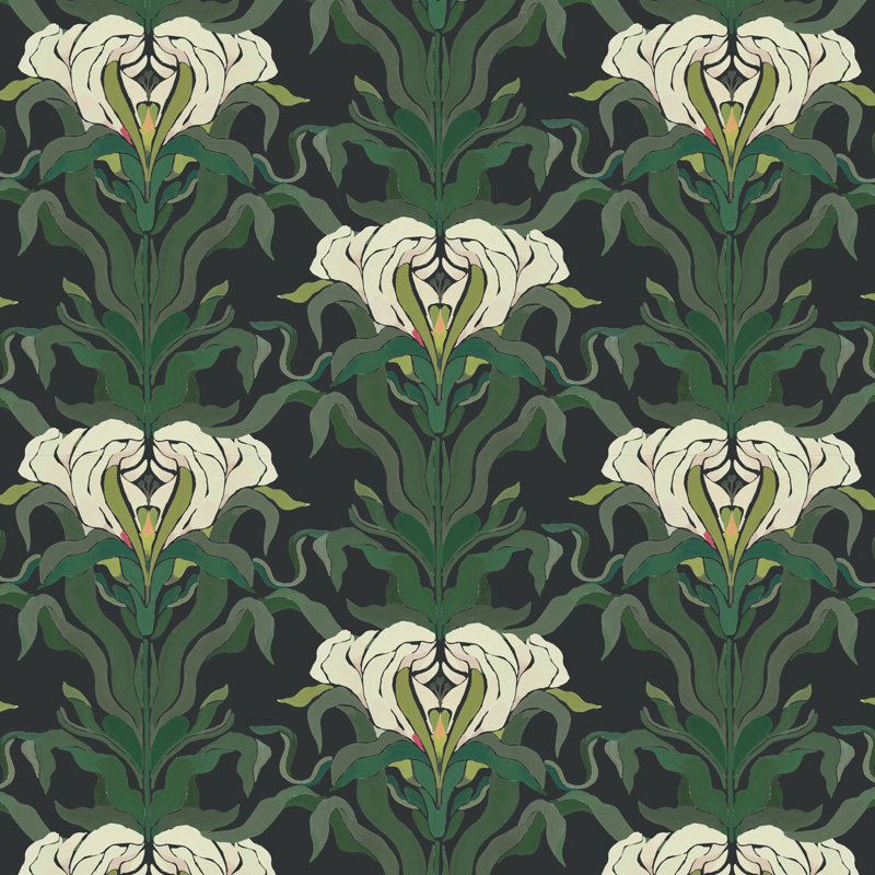 Papier peint botanique feuille miroitante, Noir, vert, crème, Auto-adhésif