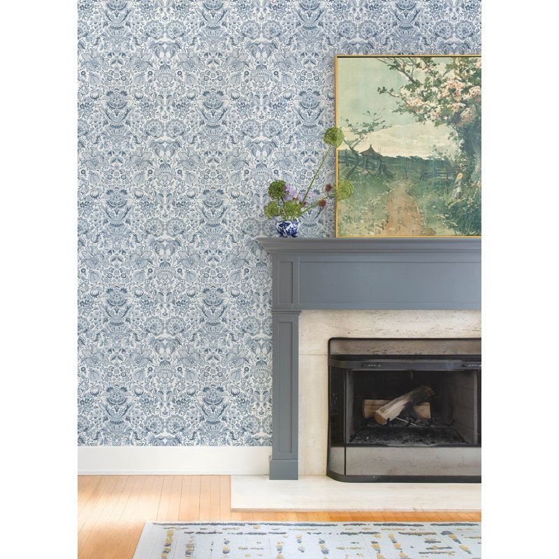 Blanche Dark Green Floral Damask Wallpaper, Blue