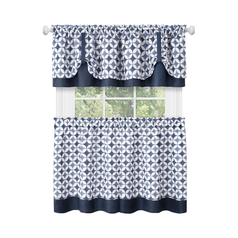 Mortensen Geometric Tailored Kitchen Curtain, Navy, 58" W x 36" L