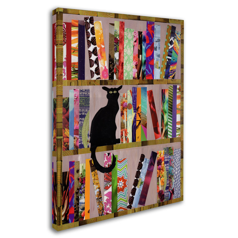 Colorful Modern Canvas Art with Black Cat on Bookshelf