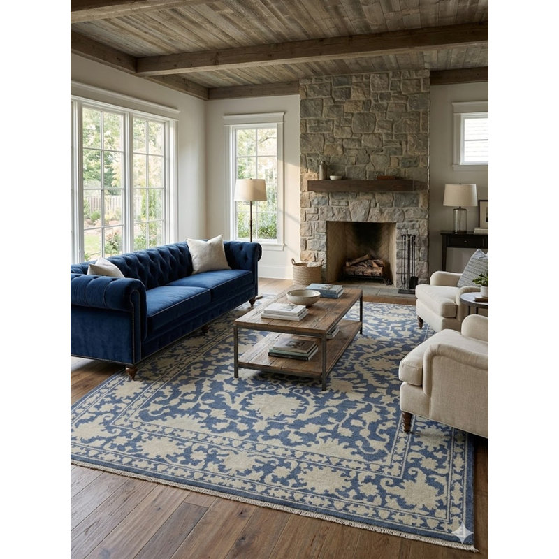 Tapis oriental transitionnel bleu / crème / beige Mute, Rectangle 9 pi x 12 pi 2 po