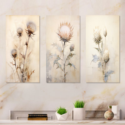 Mute Tone Beige Thistle Flower - ensemble de 3 impressions murales sur toile Thistle