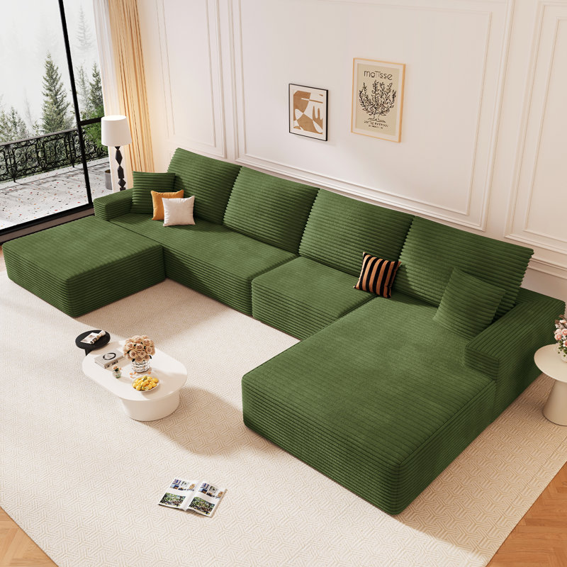 Canapé 135 po en forme de U avec repose-pieds, repose-pieds convertible, canapé-lit modulaire en velours côtelé pour salon, canapés en mousse à siège profond sans assemblage, méridienne orientée vers la gauche / la droite