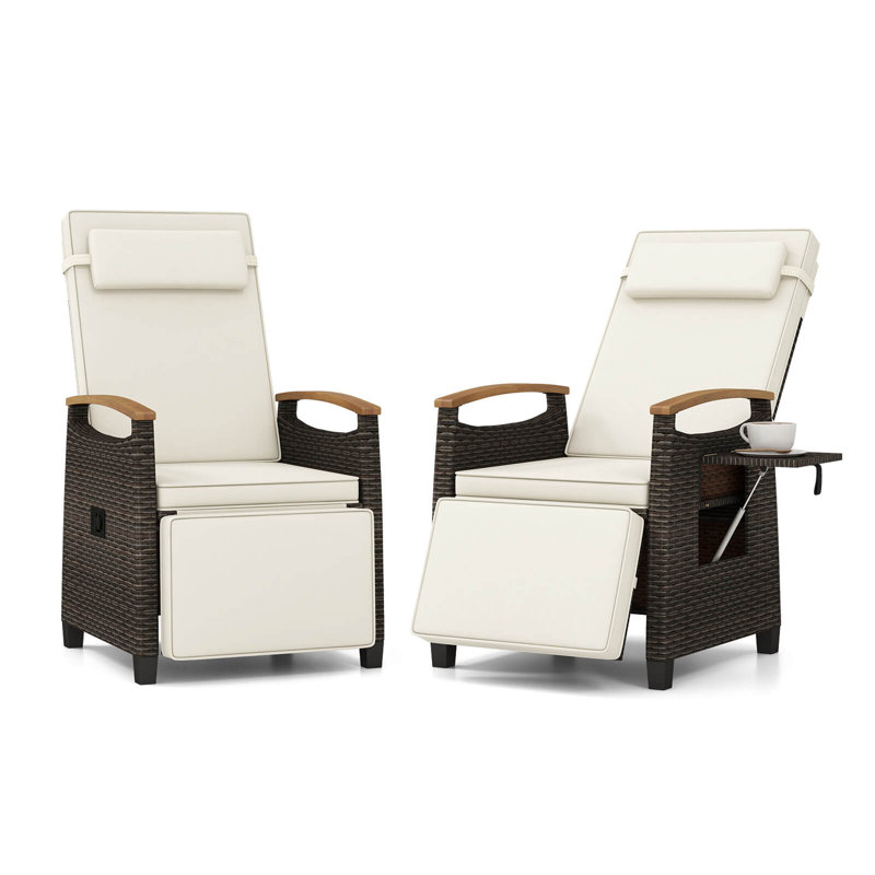 Red Barrel Studio® 2 Pcs Patio Wicker Recliner Chair With Adjustable Backrest Footrest Flip Side Table, White