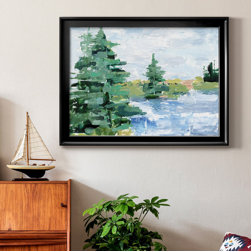 «Evergreen Lake I», peinture sur toile encadrée, Cadre noir, H 18,5 po x l 24,5 po x P 1 po