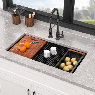 33" L x 19" W 60/40 Double Bowl Undermount Workstation Kitchen Sink, 16 Gauge T304 Stainless Steel, Gunmetal Black, with Accessories