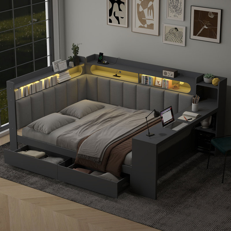 Full Upholstered Daybed With Desk, Charging Station And Storage, Grey