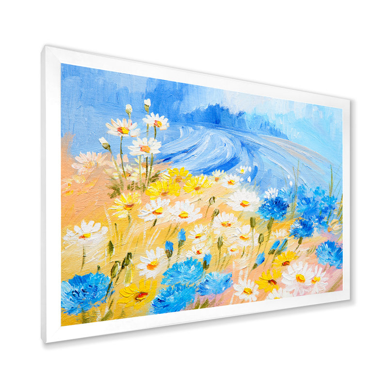 Fleurs de marguerites bleues et blanches - Art sur toile traditionnel, H 16 po x l 32 po x P 1,5 po