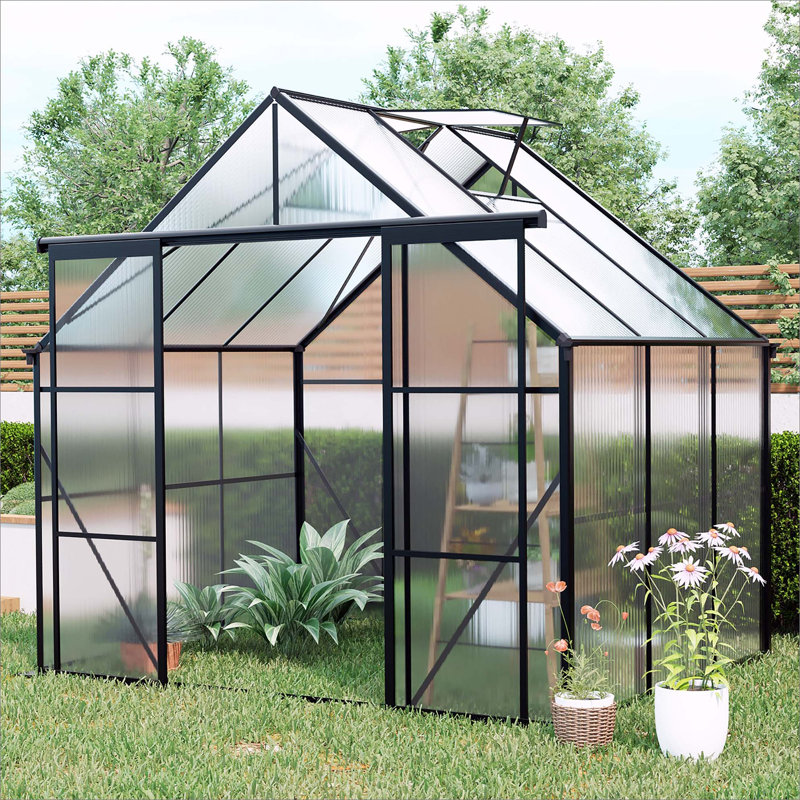 Double Door Polycarbonate Greenhouse Raised Base And Anchor Aluminum Heavy Duty Walk-In Greenhouses, Black