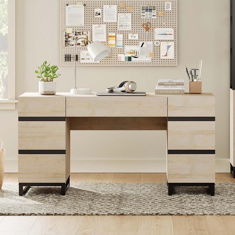 59" Modern Executive Desk With Drawers, Wood Computer Writing Desk With Charging Station, Office Desk For Bedroom, Living Room, Home Office