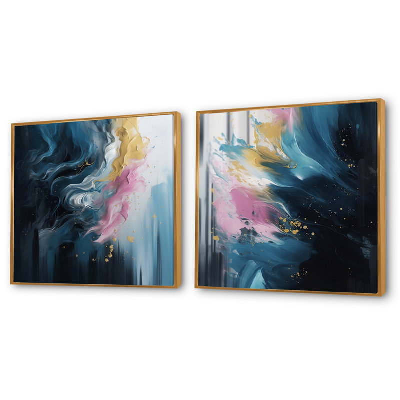 Rose et bleu explorant l'invisible - ensemble de 2 collages carrés à formes abstraites, H 16 po x l 33 po