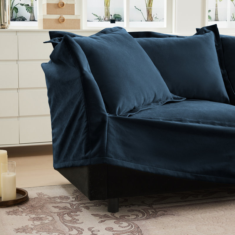 Canapé, repose-pieds en chenille, Bleu incorrect, H 34,6 po x l 120 po x P 55 po, 3