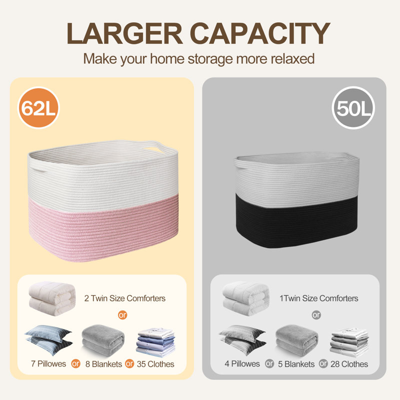 Très grand panier de rangement en corde de coton 62L avec poignées - Panier à couverture tissé pour vêtements, couvertures, coussins et jouets