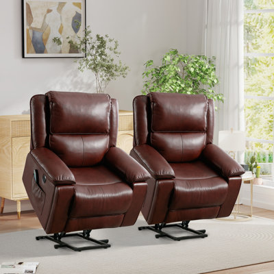 Arncliffe 38.2" Wide Classic Top Genuine Leather Power Lift Assist Recliner With Massage Heat & Hidden Cup Holders & USB (Set Of 2)