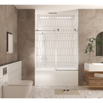 Porte de douche 56 po x l 60 po x H 60 po, verre trempé transparent de 1/4 po, preuve, poignée en acier inoxydable, crête de blocage de l'eau extérieure en nickel brossé pour enceinte de zone sèche, bord de facette doux au toucher