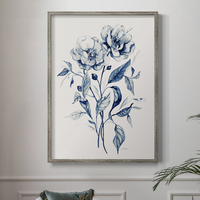 Indigo Wild Roses I Framed Print - Solid Wood, 11" H x 9" W