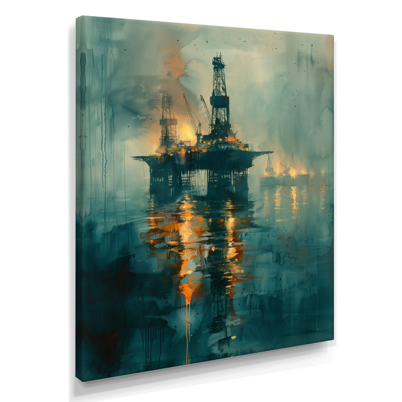 Plate-forme de pétrole bleue et jaune dans le golfe du Mexique, Canevas, H 24 po x l 32 po x P 1 po