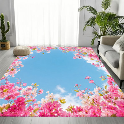 Spring On-Trend Cherry Blossom Sky Floral Area Rug, Vibrant Charming Artistic Blossom Pattern, Soft Durable, Machine Washable Non-Slip Floor Carpet, Stylish Indoor Home Decor for Living Room, Bedroom, Entryway, Apartment
