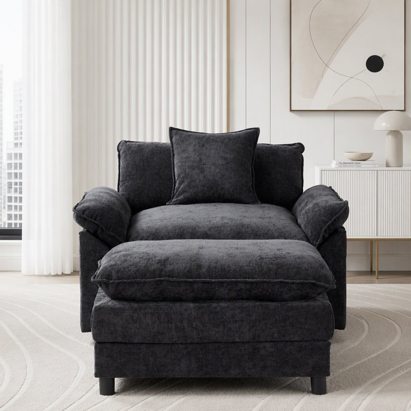 Fauteuil d'appoint moderne, fauteuil club en tissu de chenille, structure en bois massif, Tissu noir