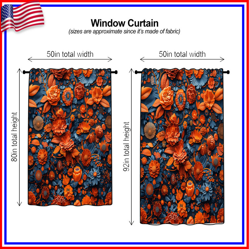 Orange Blue Floral Arrangement Window Curtains, Floral Sheer & Blockout Curtains - 1 Panel, 50 po x 80 po - 1 panneau