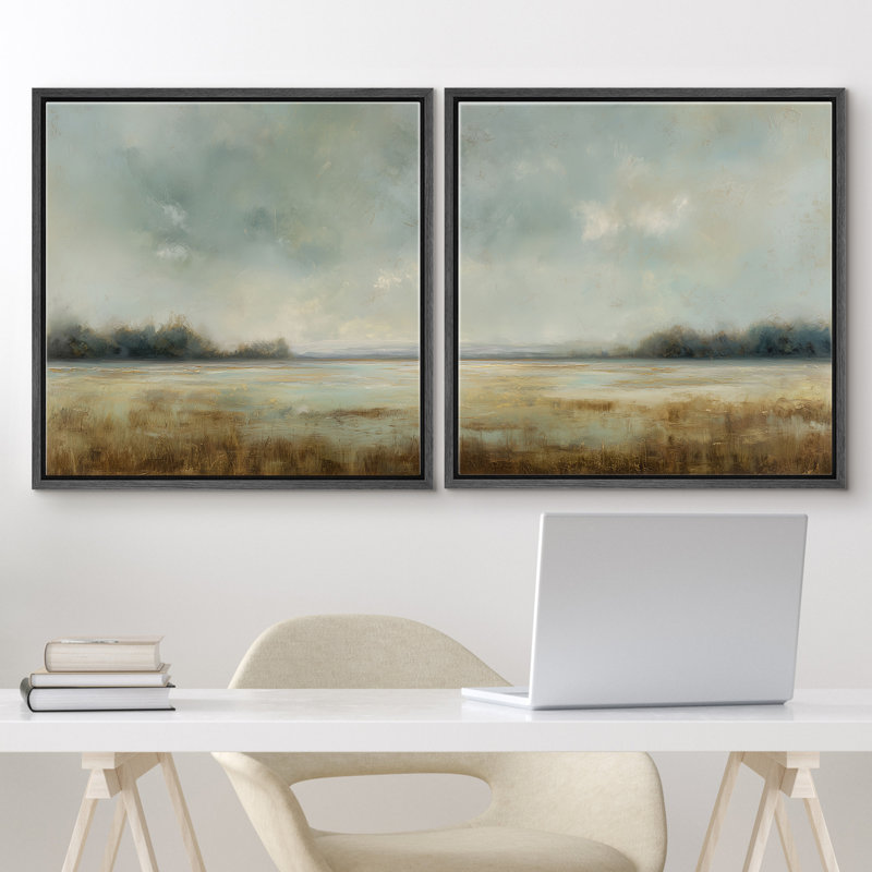 «Soft Mist Marshland Blue and Neutral Horizon Landscape», art mural encadré pour chambre principale, 2 pièces
