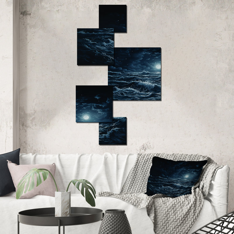 Moonlit Beach Ocean Storm - ensemble d'art mural carré Waves