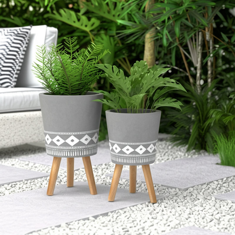 Hand-Painted Resin Planters with Beech Wood Legs, Indoor & Outdoor Decorative Plant Stands for Patio, Living Room, Garden, and Home Décor, Set of 2