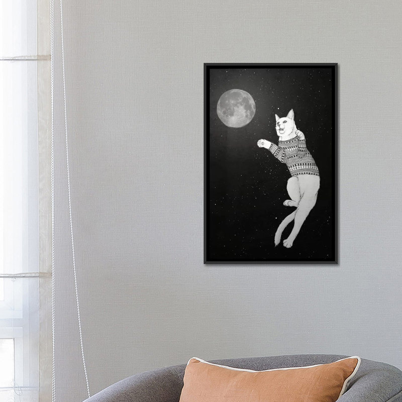 « cat essayant d’attraper the moon » par barruf, impression sur toile tendue, H 26 po x l 18 po x P 1,5 po, Pas de tapis